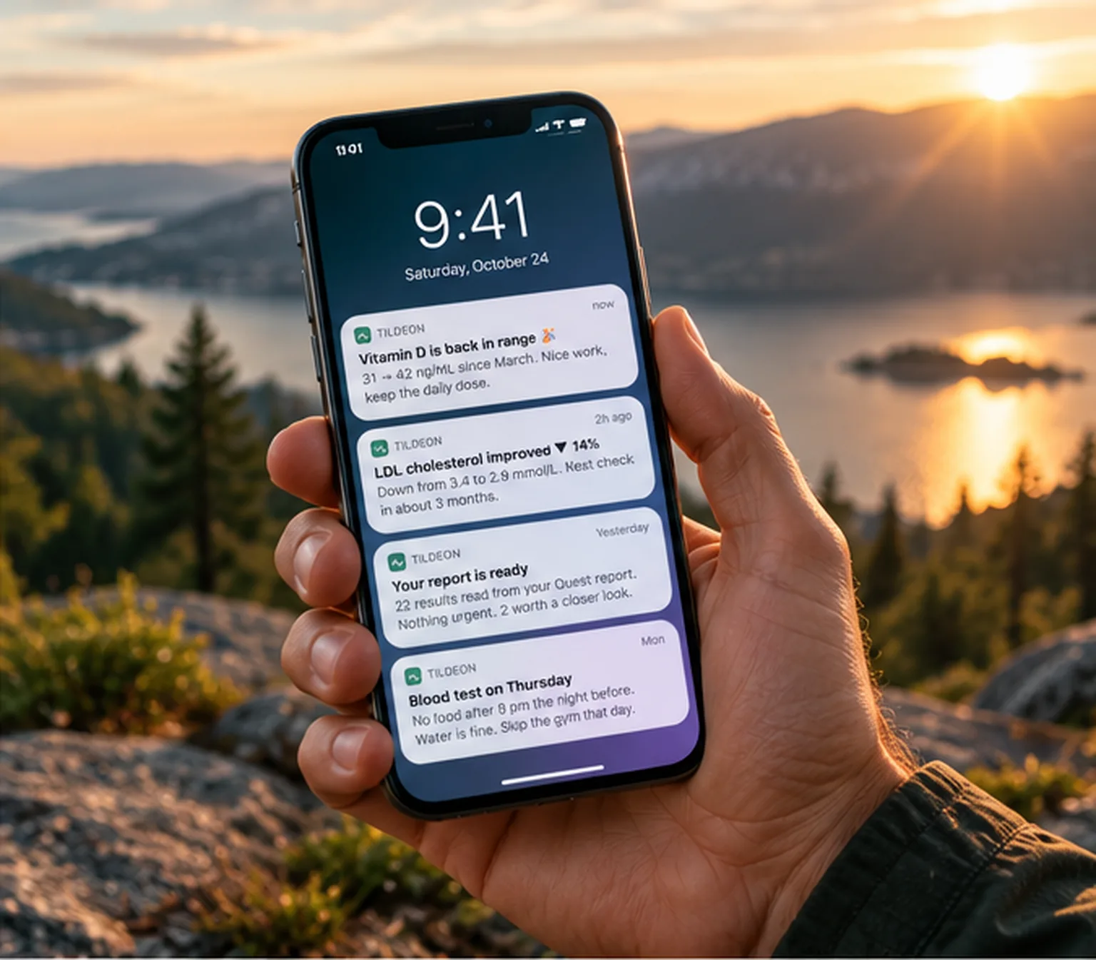 A phone held up at sunset showing Tildeon notifications on the lock screen