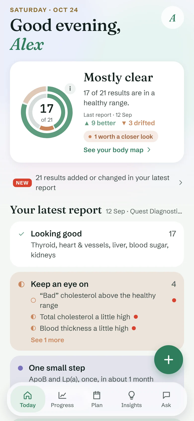 Tildeon Today screen: Mostly clear, 17 of 21 results in a healthy range, and your latest report